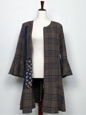 CAbi Plaid Houndstooth Zip Front Navy Brown Flounce Hem Overcoat Jacket NWT